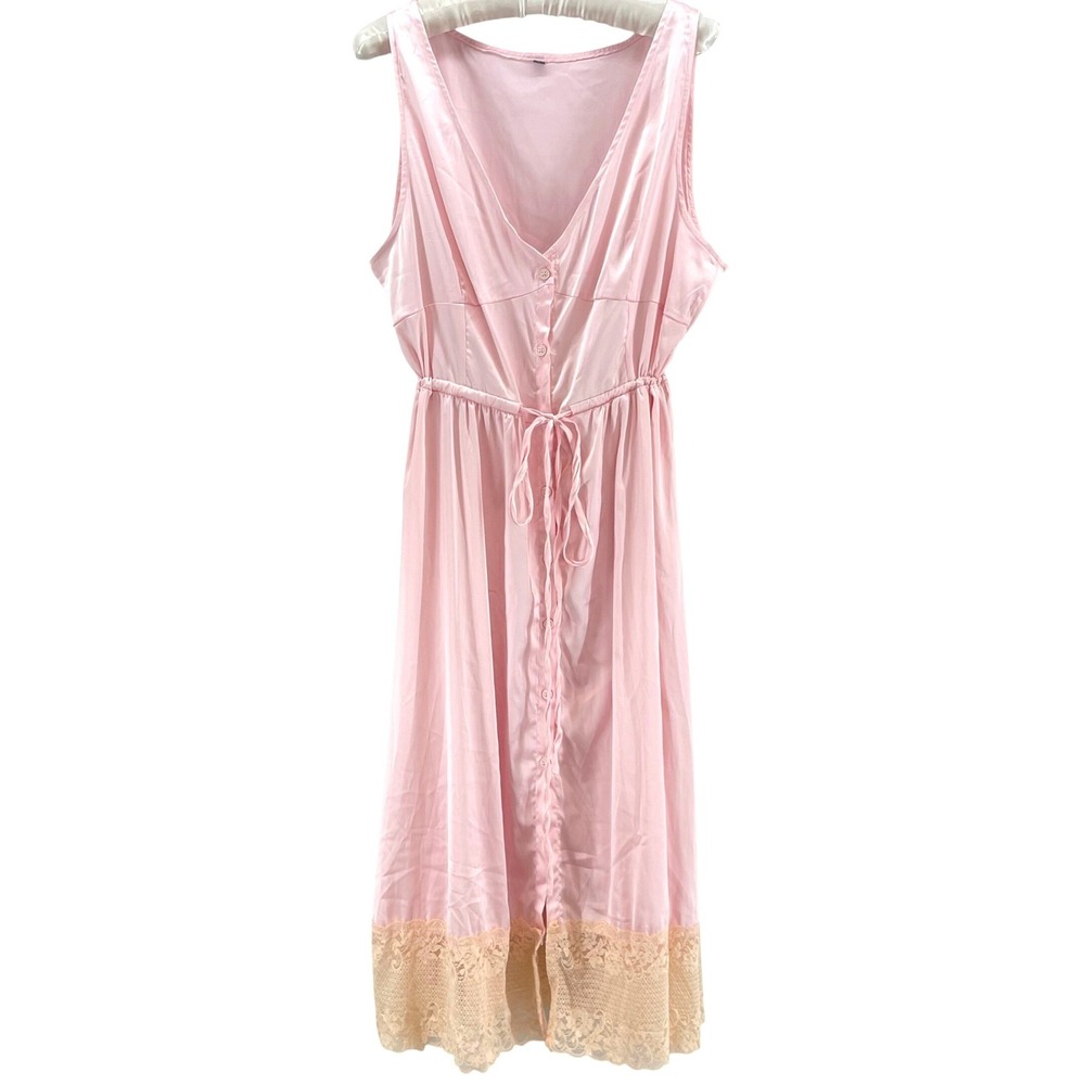 Nightgown Slip Dress Womens L Pink Lace Button Silky Midi Coquette Sweep Pastel